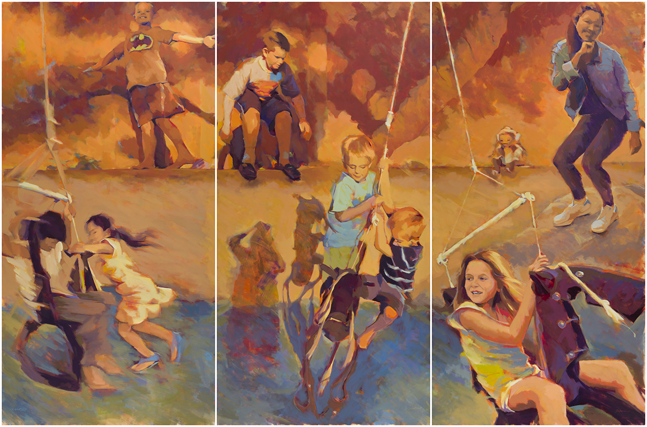 Susan Cook "Monkey Business" oil on canvas, triptych, 72x108